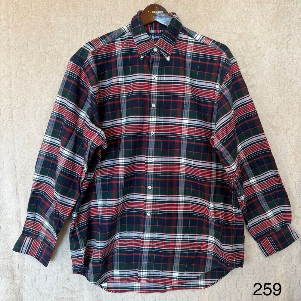 VINTAGE Polo‎ Ralph Lauren Plaid 100% Cotton Men's Button Up Long Sleeve Sz L